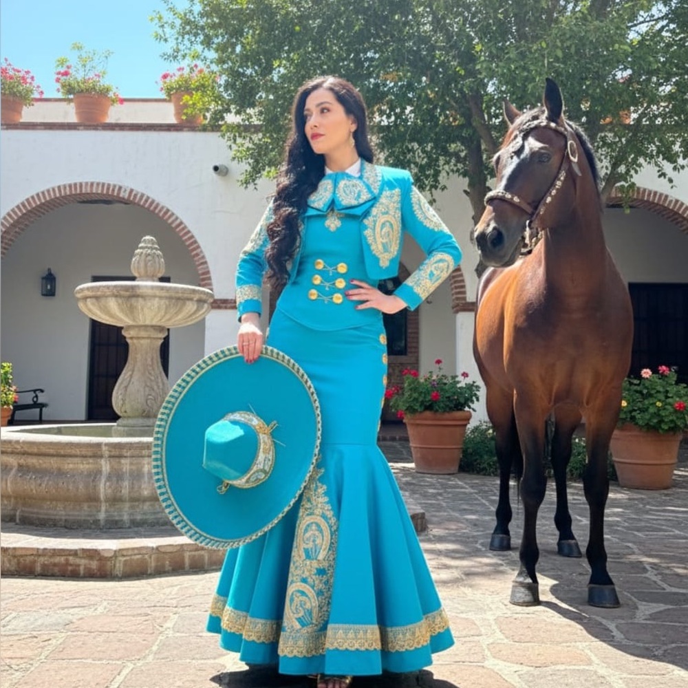 Elegant Blue Charro Dress with Gold Accents